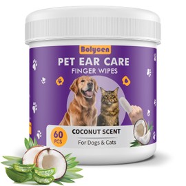 Bolycen Pet Ear Cleaning Finger Wipes - Cat & Dog Ear Cleaner Wipes - Gently Cleans Ear Wax & Debris - Relieve Itching & Inflammation- Dog Wipes Cleaning Deodorizing - Coconut Scent(60 Counts)