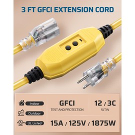 DEWENWILS 3Ft Outdoor GFCI Extension Cord Manual, 12/3 SJTW Heavy Duty Extension Cord, Power Cord with LED Lighted 3 Prong Plug, 15A/125V/1875W, Yellow, UL Listed
