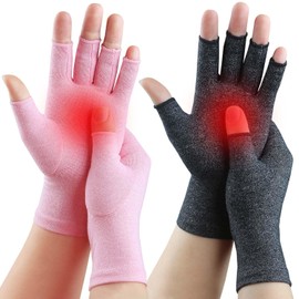 Tiny Chou 2 Pairs Fingerless Arthritis Gloves for Women Men, Hand Compression Gloves for Relieve Pain from Carpal Tunnel, Rheumatoid, Osteoarthritis, RSI, Support Typing (Medium, Pink1+Black1)