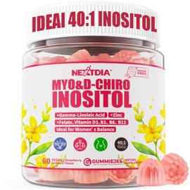 Nextdia Inositol Gummies Supplement with Evening Primrose Oil for Women - 40:1 Ratio Myo-Inositol 2000mg & D-Chiro Inositol 50mg with VIT D3 B12 & Zinc, Sugar-Free for Natural Balance, Vegan (120ct)