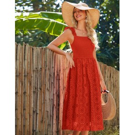 GRACE KARIN Womens Sleeveless Midi Dress Summer Casual Ruffle Smocked Square Neck Boho Flowy A-line Trendy Beach Sundress Orange