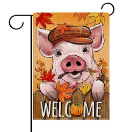 Dyrenson Welcome Fall Pig Decorative Garden Flag, Autumn Farm Piggy Maple Leaves Pumpkin Yard Outside Home Decoration, Farmhouse Burlap Outdoor Small Decor Double Sided 12 x 18