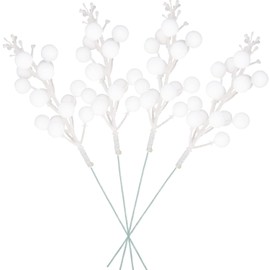 Artificial White Berry Stems, 24 Pack 8.7" Christmas Glitter Berries Stems Artificial Fruit Berry Holly Flower Branch Winter Picks Home Holiday Wedding Party DIY Christmas Tree Crafts Decor (White)