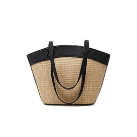 French Retro Straw Beach Tote for Women, Classic Woven Shoulder Bags, Travel Bag with Inner Liner (Black)