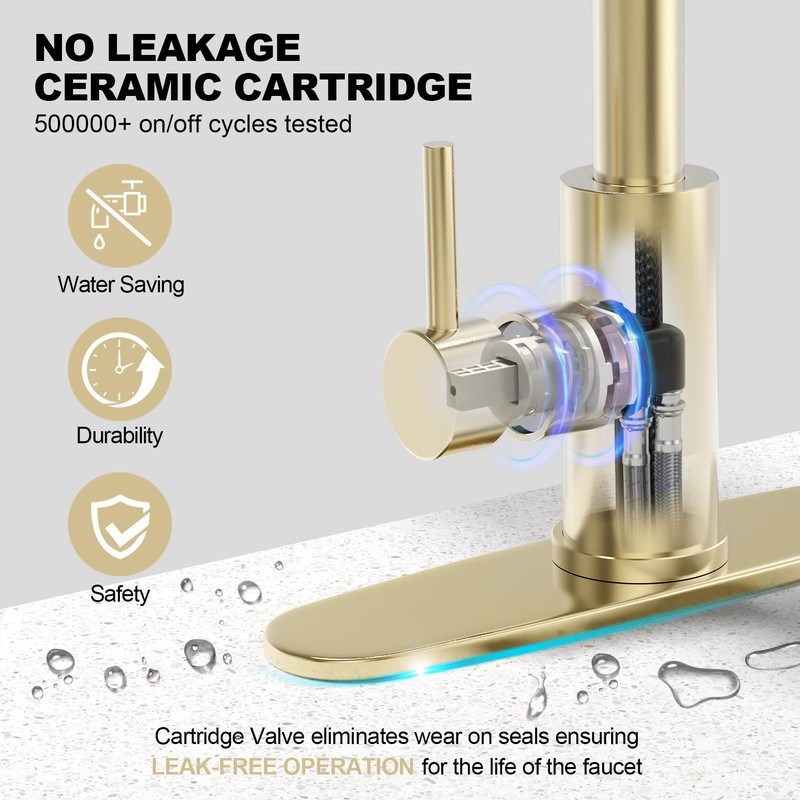 AVSIILE Brushed Gold Waterfall Kitchen Faucets with Pull Down Sprayer