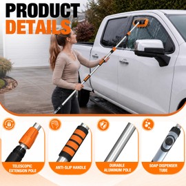 12FT Car Wash Brush with Long Handle, Car Cleaning Brush with 12 Inch Soft Bristle and Soap Dispenser, Solar Panels Cleaner with Telescoping Pole for RV, Truck, Boat, House Siding, Orange