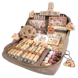 AIJOY Cute Capybara Pencil Case Stationery Set - 90° Wide Mouth Large Capacity Pencil Case with 18 Supplies (Cute Pens, Capybara Plush & More) - Capybara Stationery Gift Set for School & Birthdays
