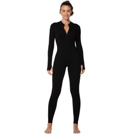 Sunzel Long Sleeve Jumpsuits for Women, Ribbed One Piece Casual Yoga Workout Zip Front Bodysuits, Legging Fit & Thumbhole 28" Inseam Black Small