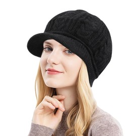 QKURT Women's Knitted Hat, Ladies Winter Warm Beanie Hat Beret Hat with Fleece Line, Soft Women Slouchy Beanies Black