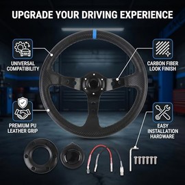 Aramox Volante de Carreras de 14 Pulgadas, PVC y Aluminio con Apariencia de Fibra de Carbono, Universal con Botón de Bocina, Compatible con Adaptador 