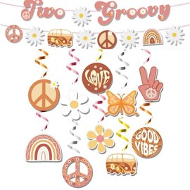 Two Groovy Party Hanging Swirls Decorations, Groovy Retro Hippie Boho Rainbow Party Birthday Theme Ceiling Foil Swirls Party Supplies for 2 Year Old Girl Retro Hippie Boho Party Decor(C)