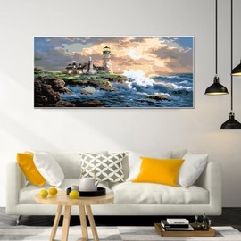 YALKIN DIY Large Paint by Numbers Kits for Adults Beginners 36x16in, without Frame DIY Lighthouse Gift Canvas Oil Painting Acrylic Paints Kits Drawing Paintwork with Accessories for Home Decor