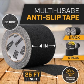 Lockport Anti Slip Tape - Heavy Duty Black Grip Tape for Stairs - 4 Pack - 4” x 25ft Each roll for Stair Treads Non Slip Outdoor/Indoor - Traction for Ramps and Steps