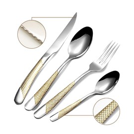 CAMPHOME 16-Piece Stainless Steel Modern Flatware Set For 4,Silverware Set With Gold Pattern Handle, Silver and Gold Dining Cutlery set