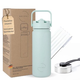 Abjoki Stainless Steel Drinking Bottle "Neo" 530 ml - Moonlight Jade - Double-Walled & Vacuum Insulated - Thermal Flask - BPA-Free Leak-Proof - Plus Two-in-One Lid with Straw and Drinking Opening
