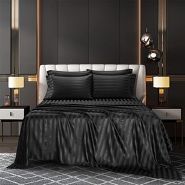 AiMay 6 Piece Satin Italian Style Bed Sheet Set Deep Pocket Stripes 1800 Luxury Rich Silk 1 Flat Sheet 1 Fitted Sheet 4 Envelope Pillowcases Stain-Resistant Wrinkle Free (King,Black)