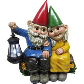 DWK Light of Our Love Gnome Couple Sitting On Log Solar Lantern Statue