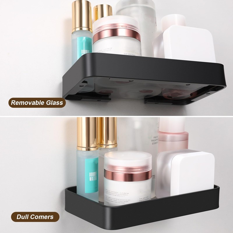 Z metnal Small Glass Bathroom Shelves, Matte Black Floating Shelf,