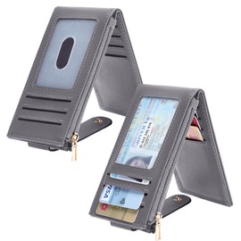 Chelmon Womens Wallet Slim RFID Blocking Bifold Multi Card Case Wallet with Zipper Pocket (Light Grey Smooth)