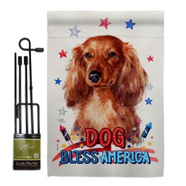 Breeze Decor Patriotic Long Hair Dachshund Garden Flag Set with Stand Animals Dog Puppy Spoiled Paw Canine Fur Pet Nature Farm Animal Creature Small Gift Yard House Banner Made in USA 13 X 18.5