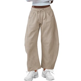MISSACTIVER Barrel Wide Leg Sweatpants Women Drawstring Elastic Waist Palazzo Harem Pants with Pockets Baggy Ankle Pants Khaki