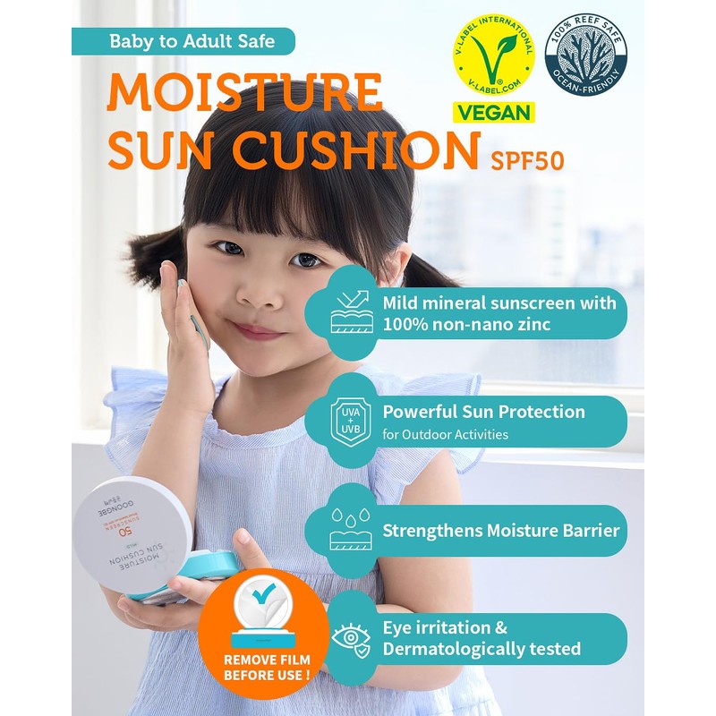 GOONGBE Korean Moisture Sun Cushion Mild SPF50, 0.81oz – Zinc