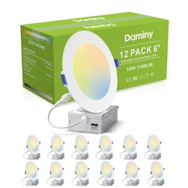 DAMINY 12 Pack 6 Inch LED Recessed Lighting with Junction Box,5CCT,Ultra-Thin Recessed Light,10W 1100lm, Dimmable Canless Wafer Ceiling Light, High Brightness