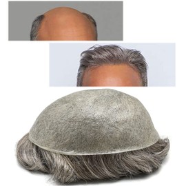 Hair Wonders Toupee For Men V-loop Real Human Hair Piece For Men 0.06mm Ultra Thin Skin Toupee Grey Hair System For Men Hairpiece Mens Toupee 8x10 90% Density #580#5 Medium Light Brown+80% Grey