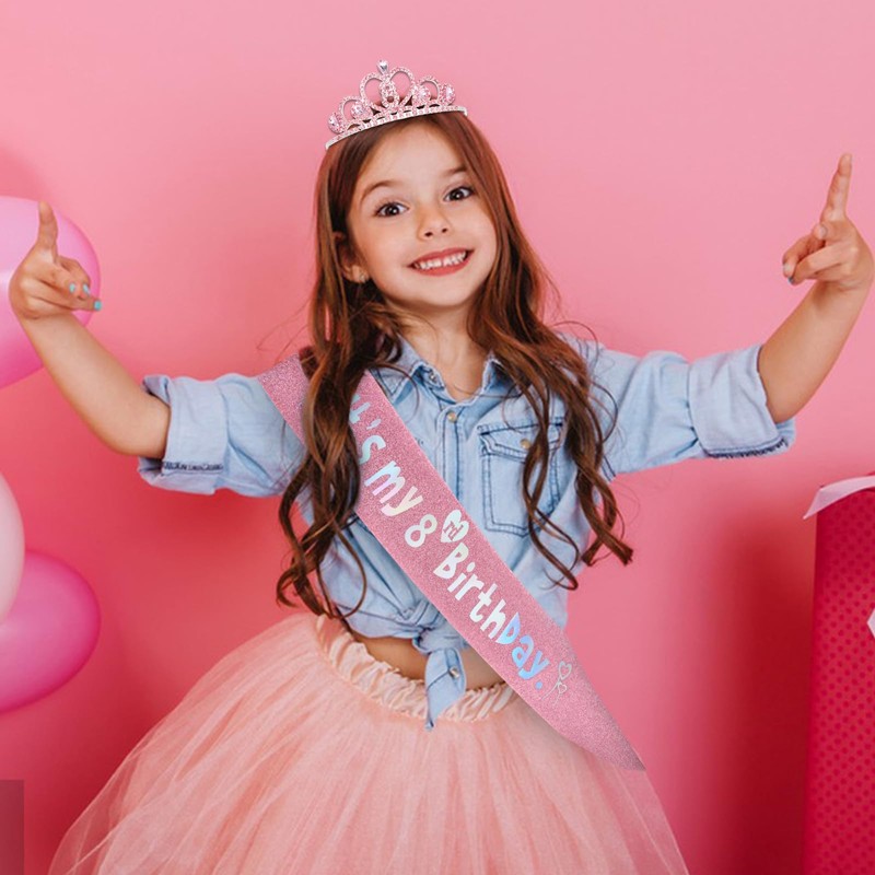 Jaciya 8th Birthday Crown & Sash Pink Birthday Decorations
