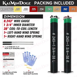 KaiMinDogz Pair of 1.75" Garage Door Torsion Springs Set with Non-Slip Winding Bars&Gloves, High Precision Electrophoresis Oil-Free Black Coated for Replacement, MIN 16,000 Cycles (0.243 x 1.75"x 38")