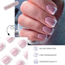 24pcs French False Nails Press on Nails White Tip Stick on Nails, Pink Square French Fake Nails Short Glossy Acrylic Full Cover Stick on Nails for Women Girls Nail Art Accessories