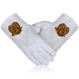 Vikings Handicraft Masonic 32nd Degree Scottish Rite Gloves – Double Eagle Embroidery | 100% White Cotton, Elastic Fit | Standard Large Size for Comfort and Durability, White, Yellow Gold, Blue, Large