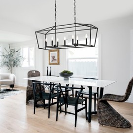 Lucidce Lantern Island Light 7-Light Black Chandelier Dining Room Light Fixtures Over Table Rectangle Kitchen Island Chandeliers Modern Hanging Light Fixture
