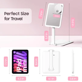 Benbilry Foldable Travel Makeup Mirror with Lights and 20X Magnification, Rechargeable Tabletop LED Vanity Mirror with Adjustable Stand, 3-Colored Dimmable Lighting, Portable Cosmetic Mirror, White