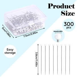 Sewing Pins, 300 PCS Straight Pins for Fabric, White Pearlized Ball Head Quilting Pins Long 1.5inch with Transparent Plastic Box for Dressmaker, Jewelry DIY Decoration and Sewing Project