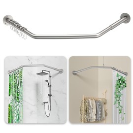 Diamond Shaped Shower Curtain Rod, Adjustable [Both Sides: 22.5" - 35.4", Middle: 12.6" /28.3" / 43.7"] Corner Shower Rod Pole for Bathroom, Clothing Store with 12 Hooks & Ceiling Support