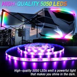 Yiswhis 16.4FT RV Awning Lights, 12V Camper LED Light Strip with Remote and APP Control, Waterproof RV Exterior Strip Lights for Canopy Motorhome Travel Trailer Camping BBQ Kitchen (1PC-16.4FT New)