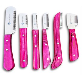 Professional Stripping Comb Kit (6-Piece Set) for Dogs & Pets with Wooden Handle Grip (Pink)