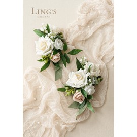Ling's Moment 2pcs Homecoming Wedding Shoulder Corsage Artificial Flowers, Girl/Mother Prom Corsages Wristlet Décor, etc. White Ivory Greenery