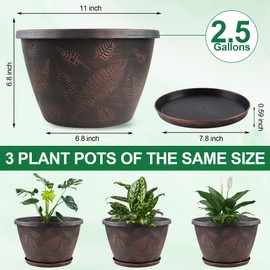 Svxtoby 11 inch Plant Pot, 3 Pack Large Pots for Plants, Flower Pots with Drainage Hole & Saucer, Modern Planters for Indoor Outdoor Plants, Decorative Plastic Garden Pots (Copper)