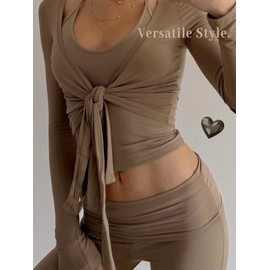Danysu Top da Danza Avvolgente Pilates Yoga a Maniche Lunghe con Scollo a V Cintura in Nodo Camicie da Ballo Y2K Cardigan Autunnali, S