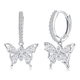 Butterfly Earrings 925 Sterling Silver White Butterfly Huggie Hoop Earrings for Women CZ Diamond Dangle Hoop Earrings Butterfly April Birthstone Jewelry for Mother's Day Valentine Birthday Gifts