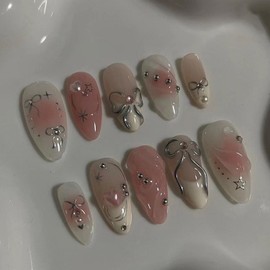 Pink Almond Press on Nails with 3D Bow Ripple Charms Design Fake Nails French Handmade Press on False Nails Silver Bows Stick on Nails Full Cover Nail Art Tips for Women Daily Wear 24Pcs