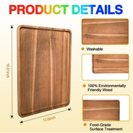 BIEOFFEI 2 Pcs Acacia Wood Serving Tray, Rectangular Wooden Serving Platters Charcuterie Board, Large Wood Kitchen Display Tray for Food, Cookie, Dessert, Fruit, Snack, Vegetable, 16.6" x 12.6" x 0.6"