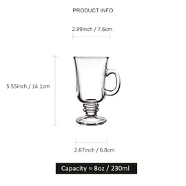 binsakao Set of 6 Irish Coffee Mugs, 8 Oz Glass Footed Espresso Cups with Handles, Clear Goblet Mugs Glasses for Coffee, Latte, Cappuccino, Smoothie, Hot Cold Beverages