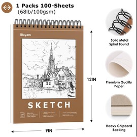 iBayam 9x12 Sketchbook, Spiral Bound Sketch Book for Kids, Teens Adults Artists Beginners, Drawing Supplies Art Supplies,100 Sheets (68lb/100gsm) Premium Drawing Pad for Sketching Writing Painting