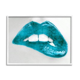 Stupell Industries Modern Blue Fashion Lip Bite Feminine Glam Photography, Designed by Sarah McGuire White Framed Wall Art, 20 x 16, Silver