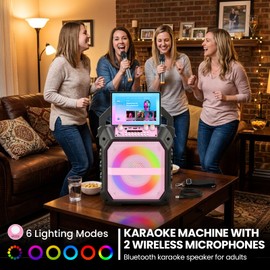 VICTRESS Portable Karaoke Machine for Adults 45W Coaxial Speaker with 2 Wireless Mics,Bluetooth 5.3 PA System,4000mAh Rechargeable Battery,7 LED Modes & Multi-Mode Playback for Home/Outdoor Fun,Pink