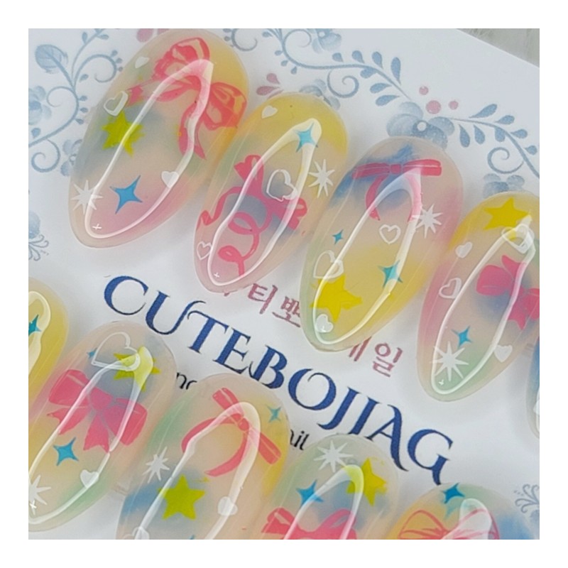 Pastel Ribbon Handmade Nail Tips - Oval S / 파스텔