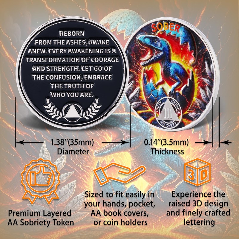 Leafence Sober Coin for Reborn Raptor Sobriety Chip Dinosaur Recovery